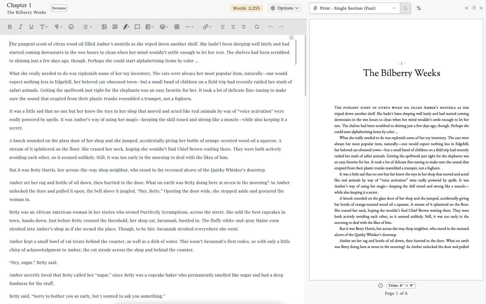 Lacuna’s editor beside a live print preview of a formatted chapter