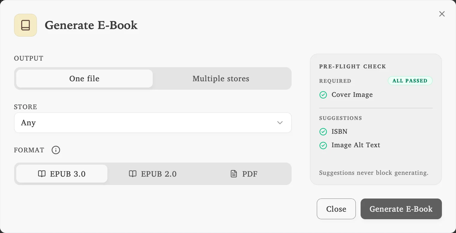 Lacuna’s Generate E-Book dialog with EPUB 3, EPUB 2, and PDF formats and a pre-flight check that has passed