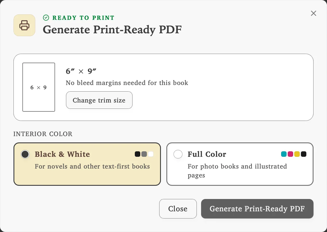 Lacuna’s Generate Print-Ready PDF dialog showing a 6 by 9 inch trim size