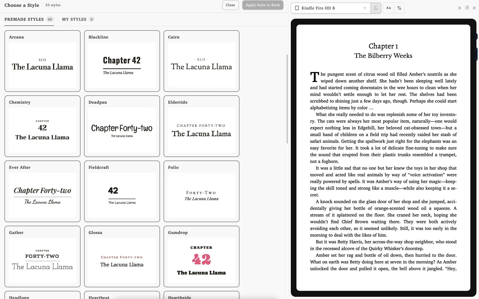 Lacuna’s style picker showing pre-made book designs