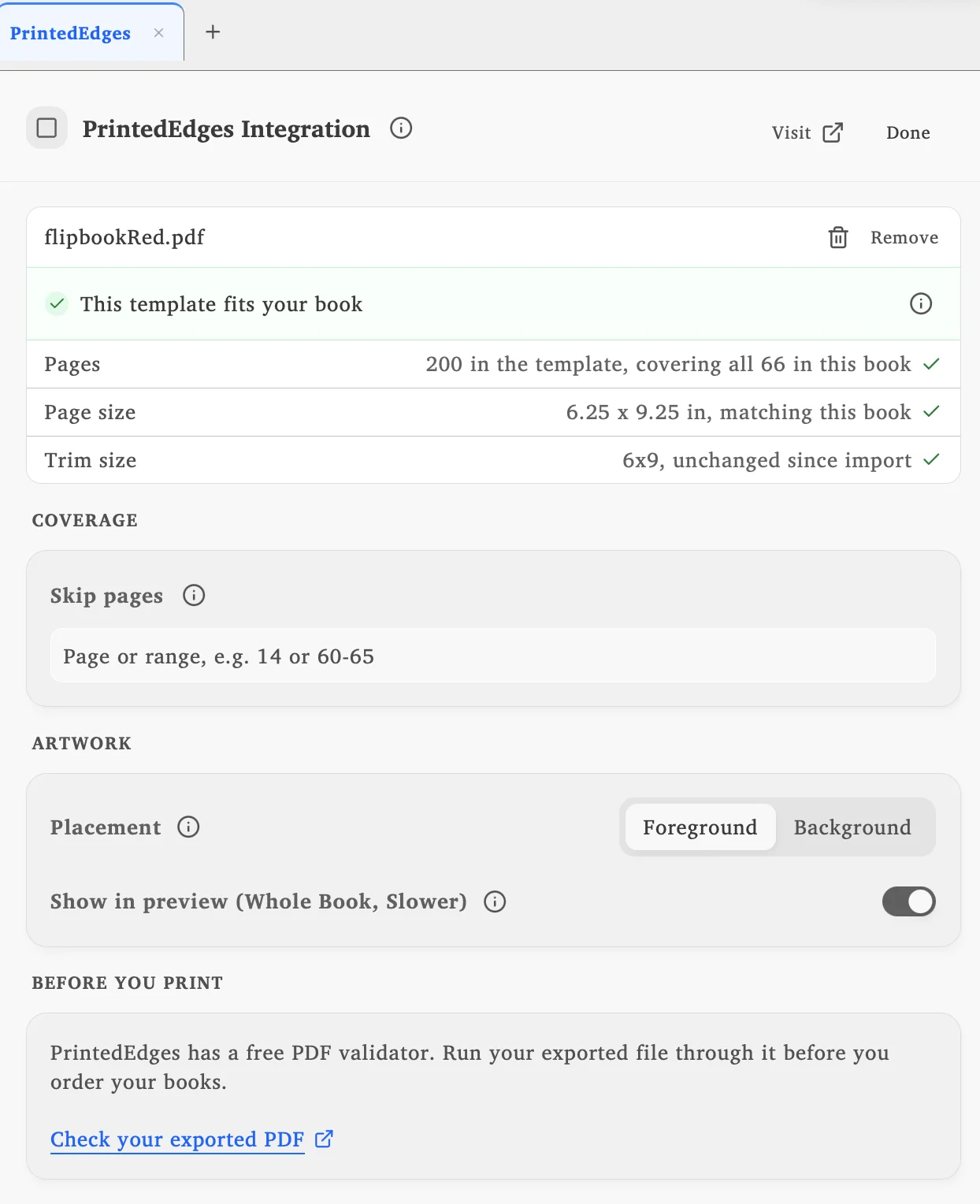 Lacuna’s PrintedEdges panel with a template loaded: the fit card reads “This template fits your book” and checks pages, page size, and trim size, below it the Skip pages field, Foreground or Background placement, the Whole Book preview switch, and a link to PrintedEdges’ PDF validator