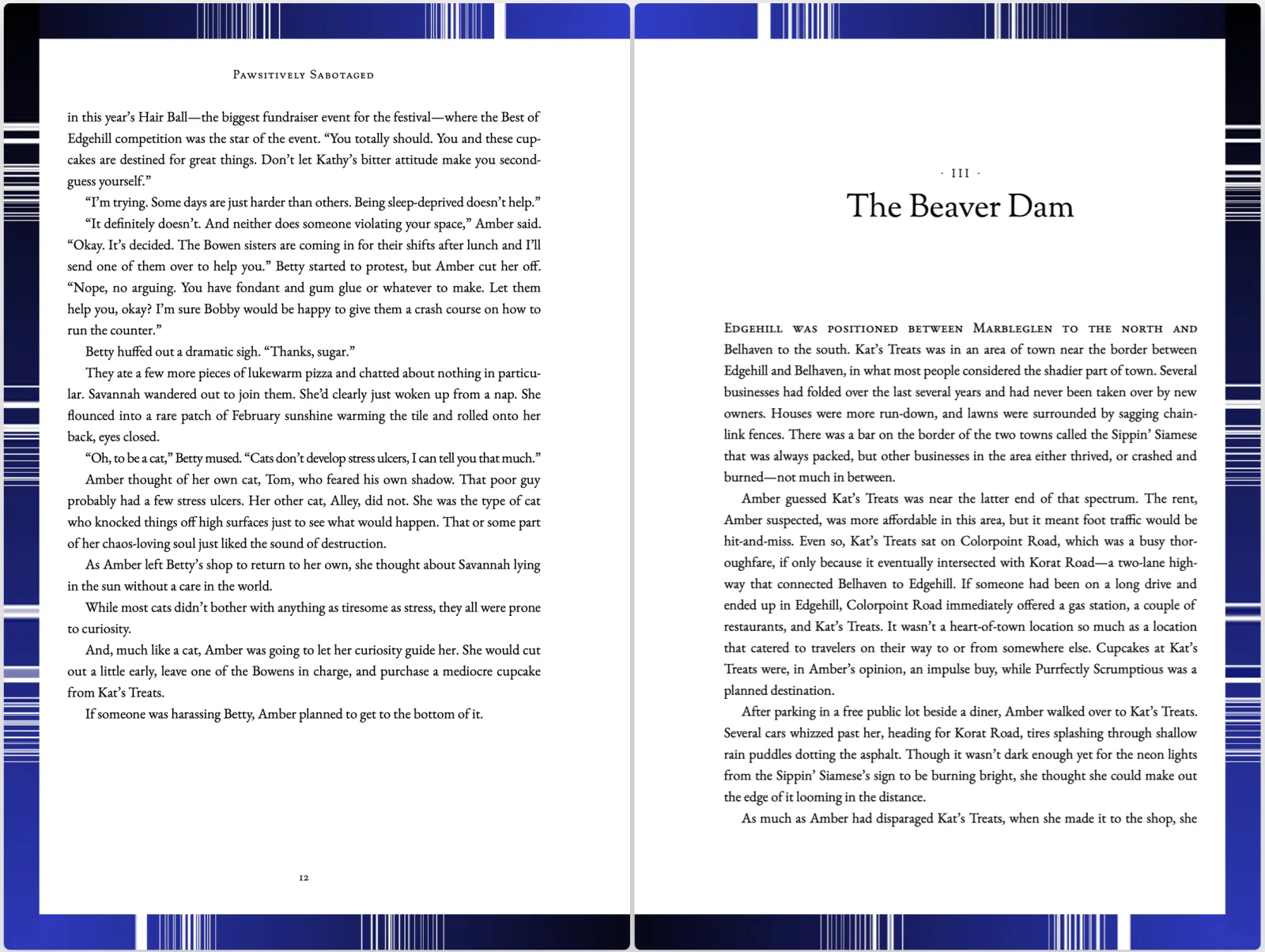 A two-page spread in Lacuna’s print preview with a deep blue PrintedEdges design running along the top, bottom, and outer edges of both pages