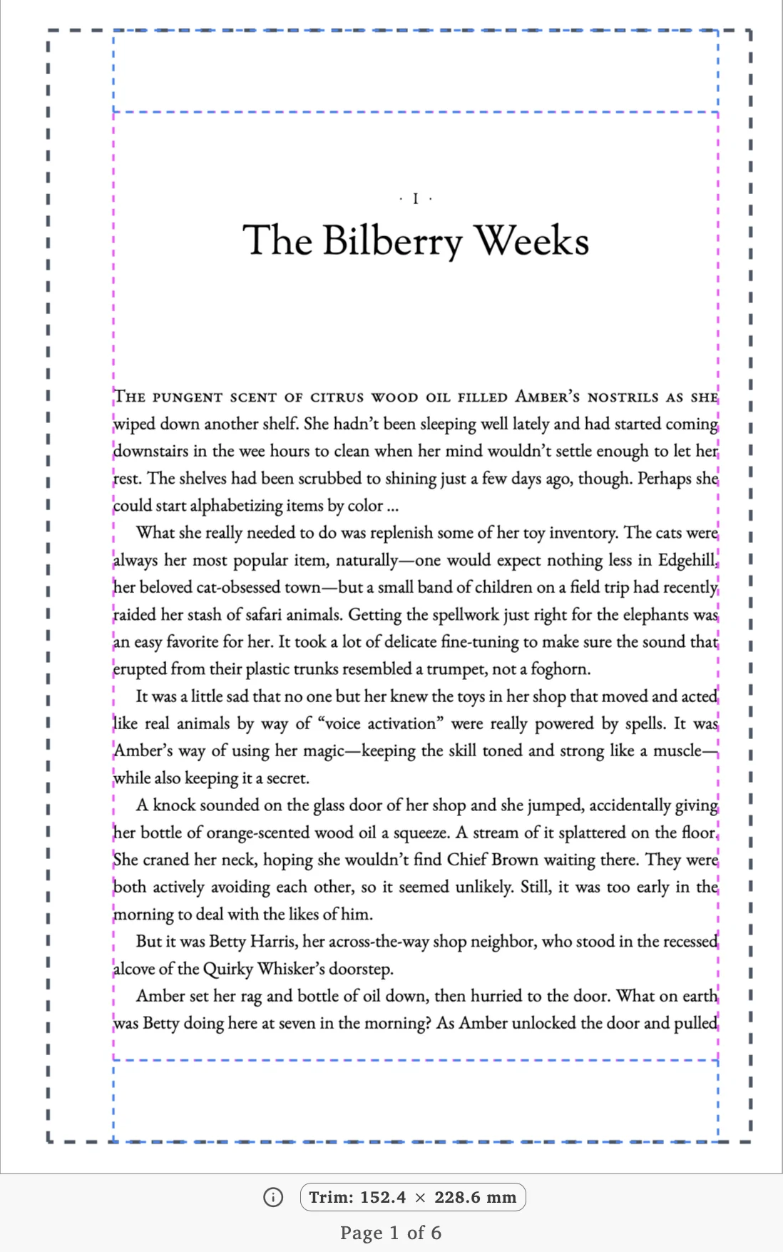 A page in Lacuna’s print preview with margin guideline overlays: a dark dashed safe zone, a blue dashed content area, and pink header and footer bands