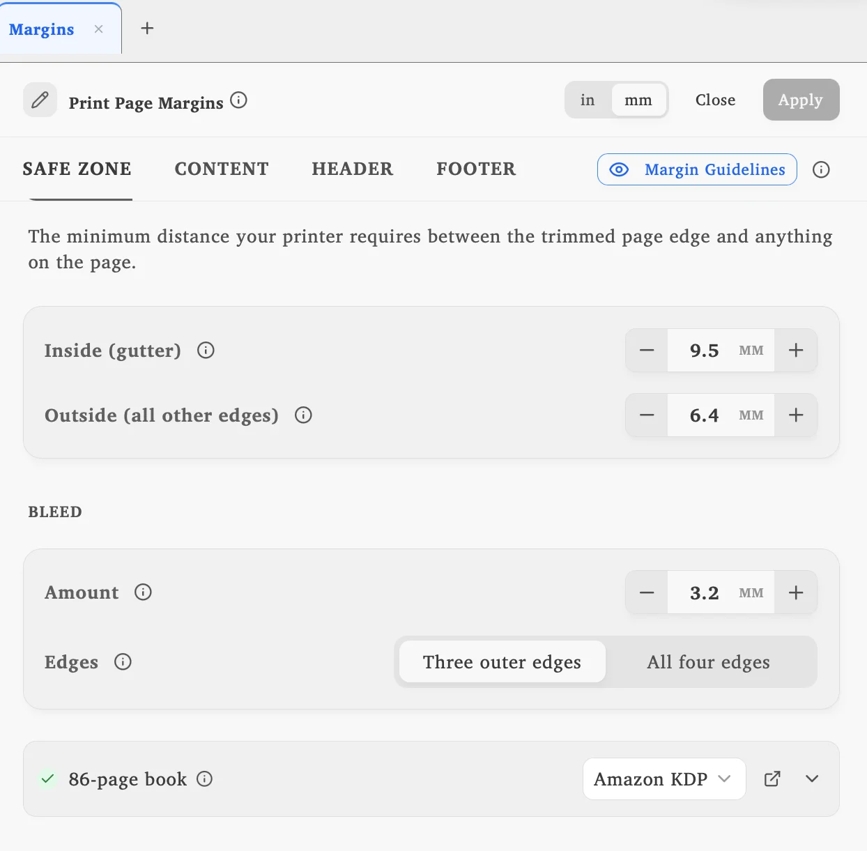 Lacuna’s Print Page Margins panel with the gutter and outside margins checked against Amazon KDP