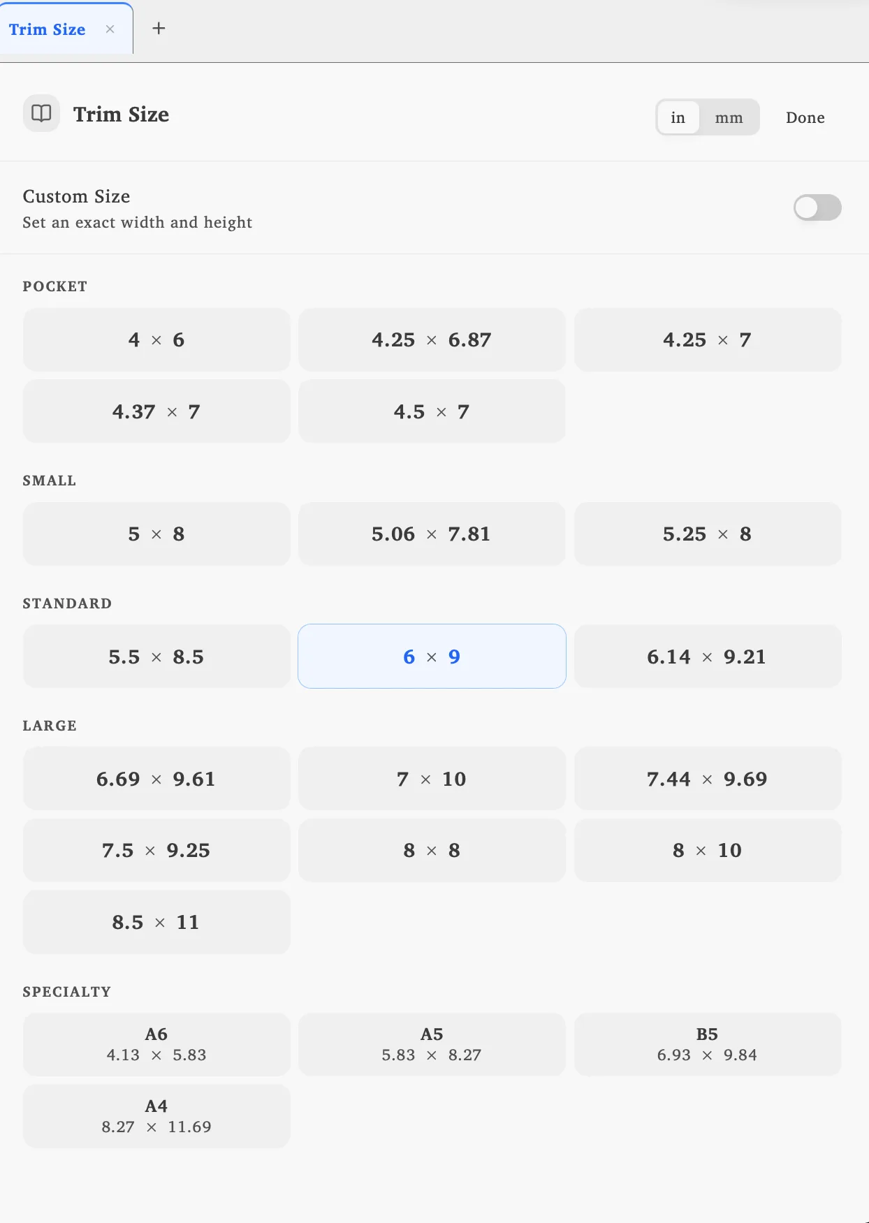 Lacuna’s Trim Size panel alternating between inches and millimeters, with a Custom Size switch and presets grouped as Pocket, Small, Standard, Large, and Specialty